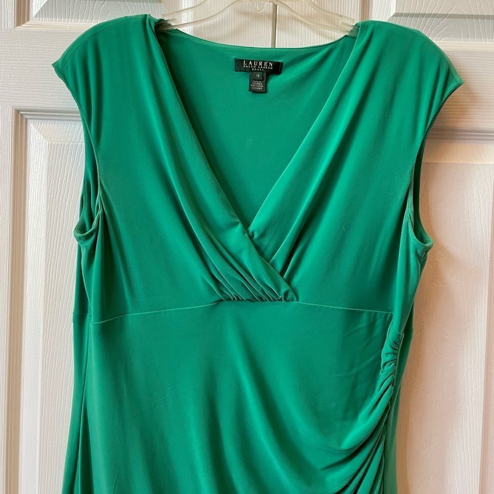 Lauren Ralph Lauren Emerald Ruched Faux Wrap Midi Dress EUC Size 18 - Picture 4 of 6